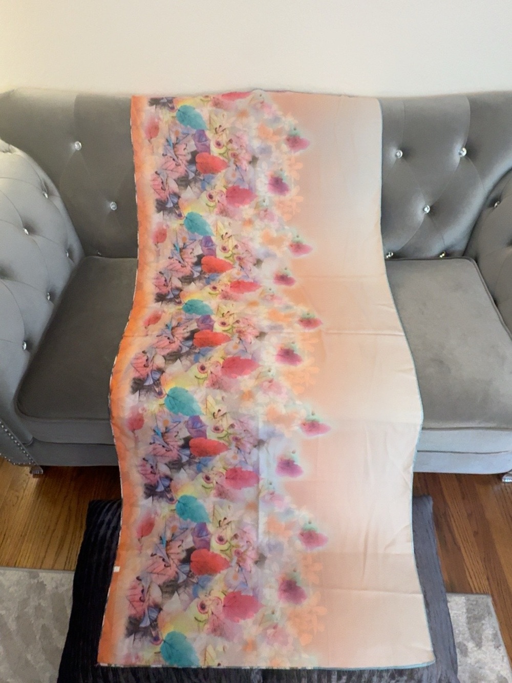 NEW Double-Sided 100% Silk Floral Scarf Wrap Teal & Peach 28” x 62”